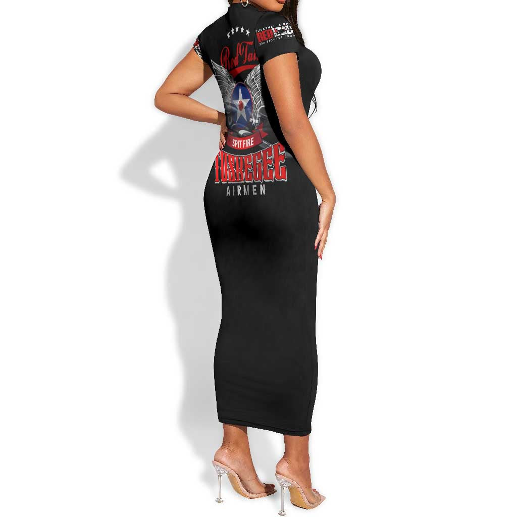 Red Tails Tuskegee Airmen Short Sleeve Bodycon Dress 332nd Fighter Group WWII Legacy Tribute - African Pride