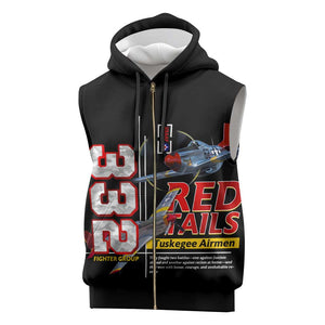 Red Tails Tuskegee Airmen Sleeveless Zip Hoodie 332nd Fighter Group WWII Legacy Tribute - African Pride