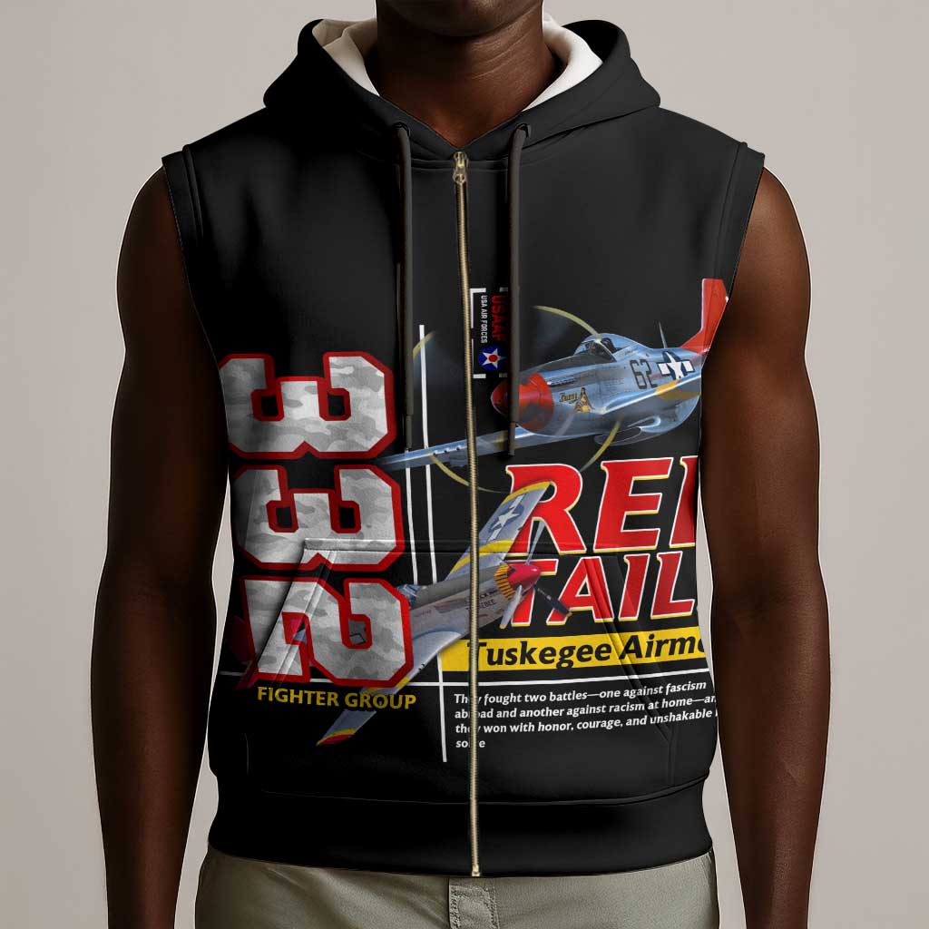 Red Tails Tuskegee Airmen Sleeveless Zip Hoodie 332nd Fighter Group WWII Legacy Tribute - African Pride