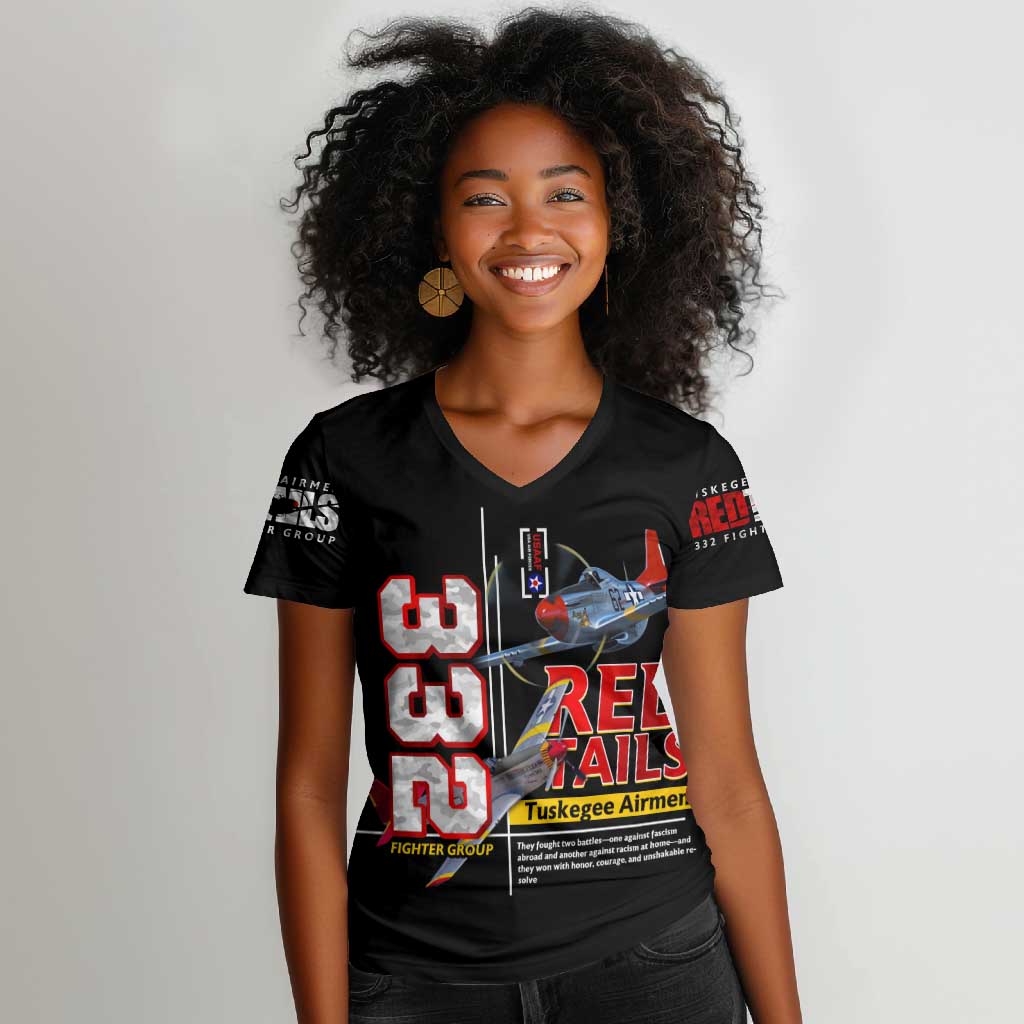 Red Tails Tuskegee Airmen Women V-Neck T-Shirt 332nd Fighter Group WWII Legacy Tribute - African Pride