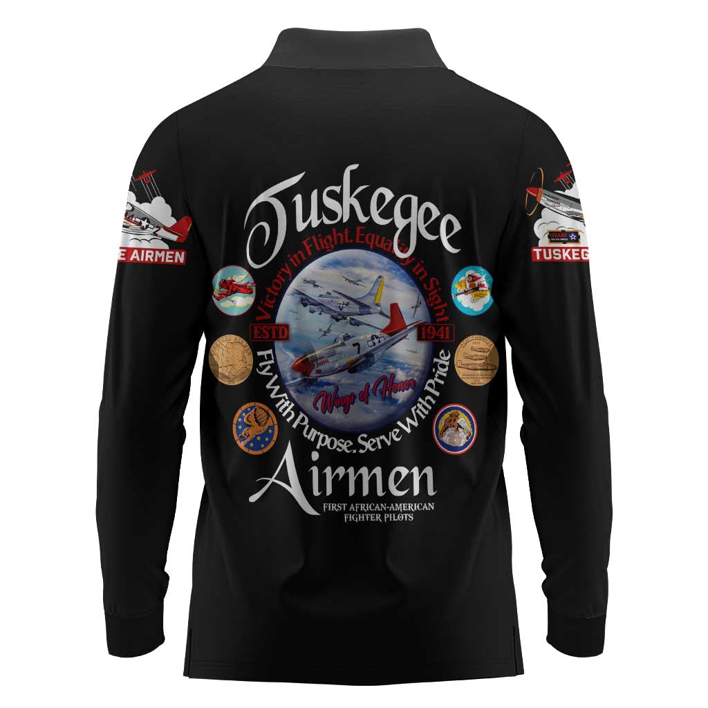Wings of Honor Tuskegee Airmen Long Sleeve Polo Shirt 332nd 477th Fighter Group Tribute - African Pride