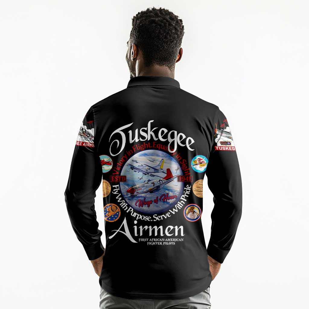 Wings of Honor Tuskegee Airmen Long Sleeve Polo Shirt 332nd 477th Fighter Group Tribute - African Pride
