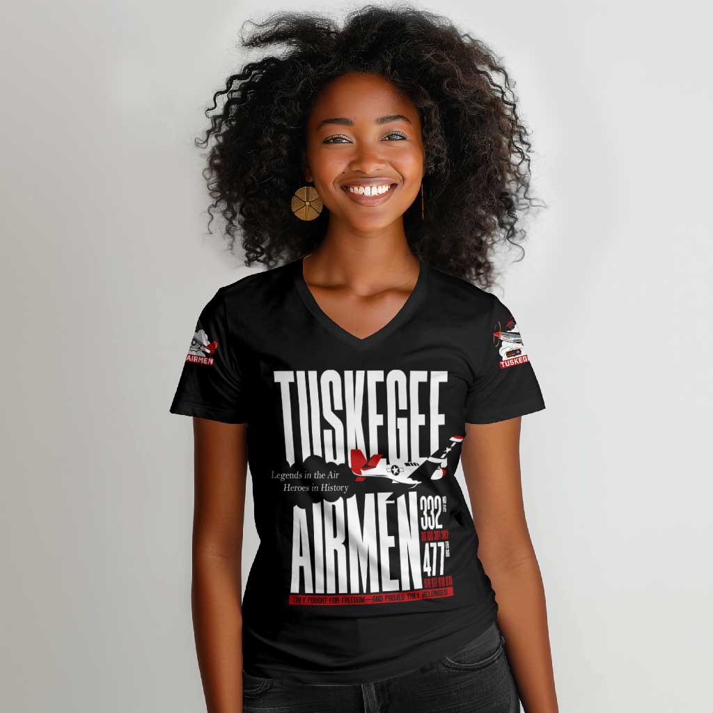 Wings of Honor Tuskegee Airmen Women V-Neck T-Shirt 332nd 477th Fighter Group Tribute - African Pride