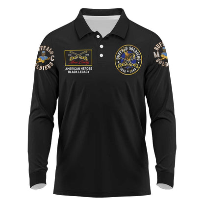 Buffalo Soldiers Long Sleeve Polo Shirt 1866-1944 African American Black Heros Legacy - African Pride