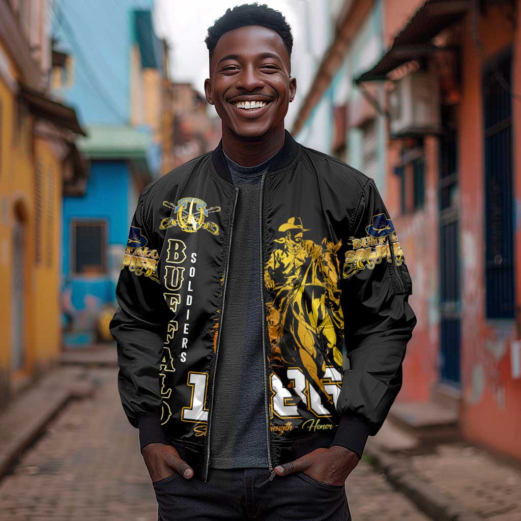 Strength Honor Legacy Buffalo Soldiers Sleeve Zip Bomber Jacket African American Cavalry Tribute - African Pride