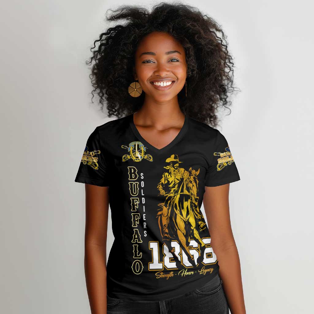Strength Honor Legacy Buffalo Soldiers Women V-Neck T-Shirt African American Cavalry Tribute - African Pride