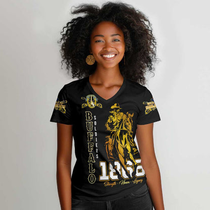 Strength Honor Legacy Buffalo Soldiers Women V-Neck T-Shirt African American Cavalry Tribute - African Pride
