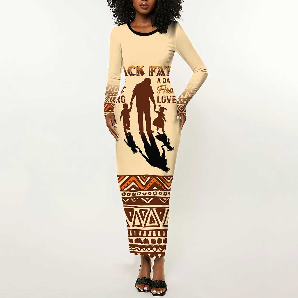 Black Father Long Sleeve Bodycon Dress African Father with Son and Daughter DT02