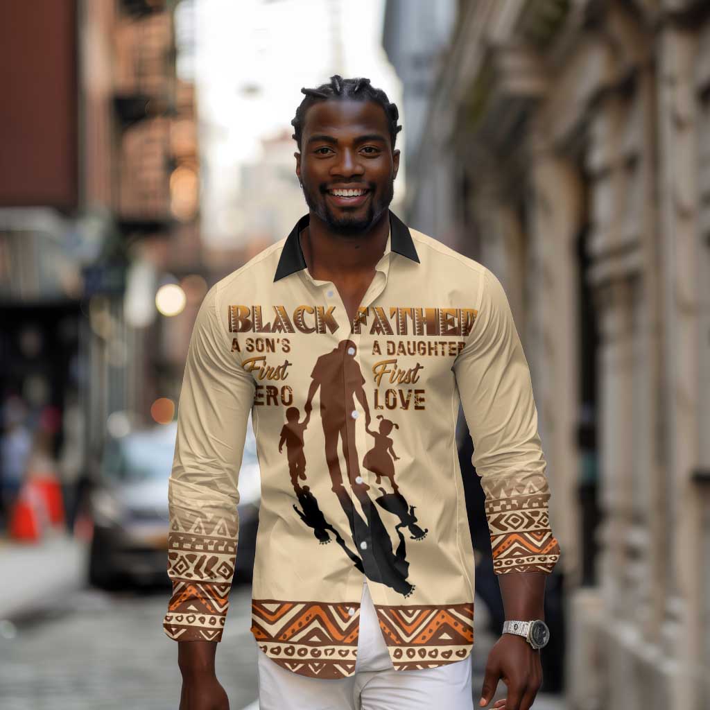 Black Father Long Sleeve Button Shirt African Father with Son and Daughter