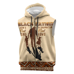 Black Father Sleeveless Zip Hoodie African Father with Son and Daughter - African Pride