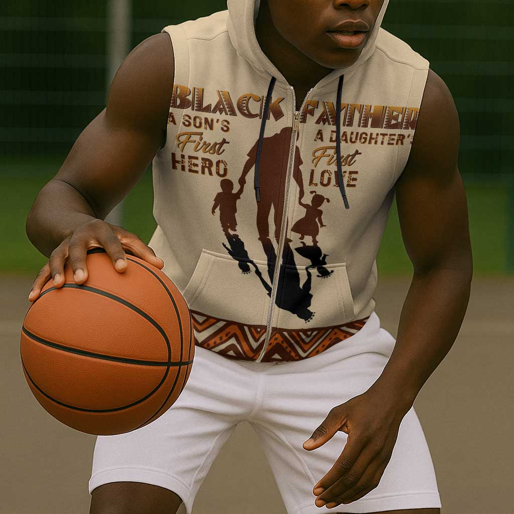 Black Father Sleeveless Zip Hoodie African Father with Son and Daughter - African Pride