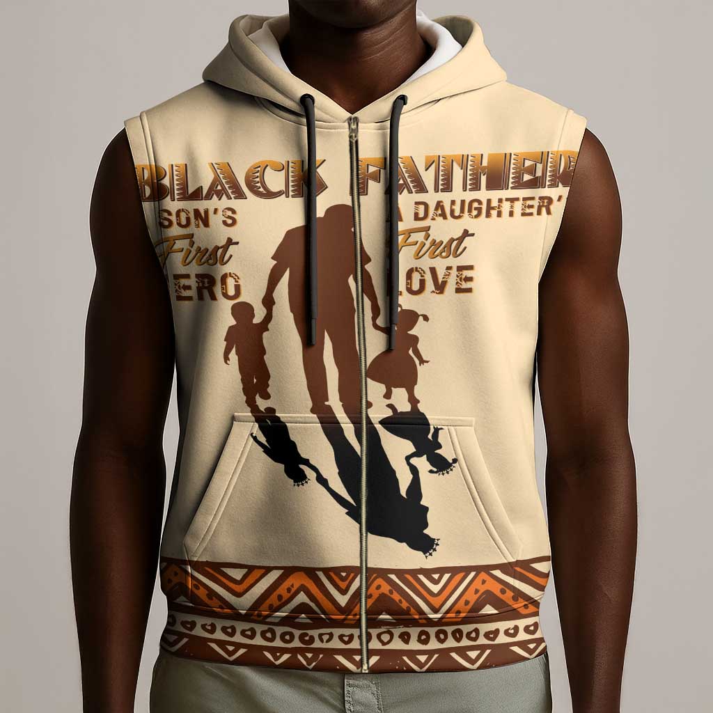 Black Father Sleeveless Zip Hoodie African Father with Son and Daughter - African Pride