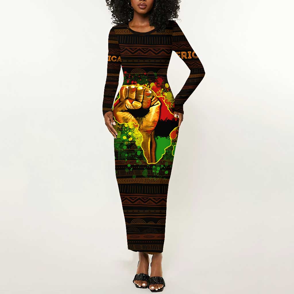 Black Power Long Sleeve Bodycon Dress Africa Map DT02