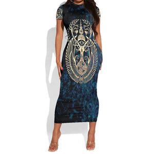 Adinkra Symbols Short Sleeve Bodycon Dress Tree of Life DT02