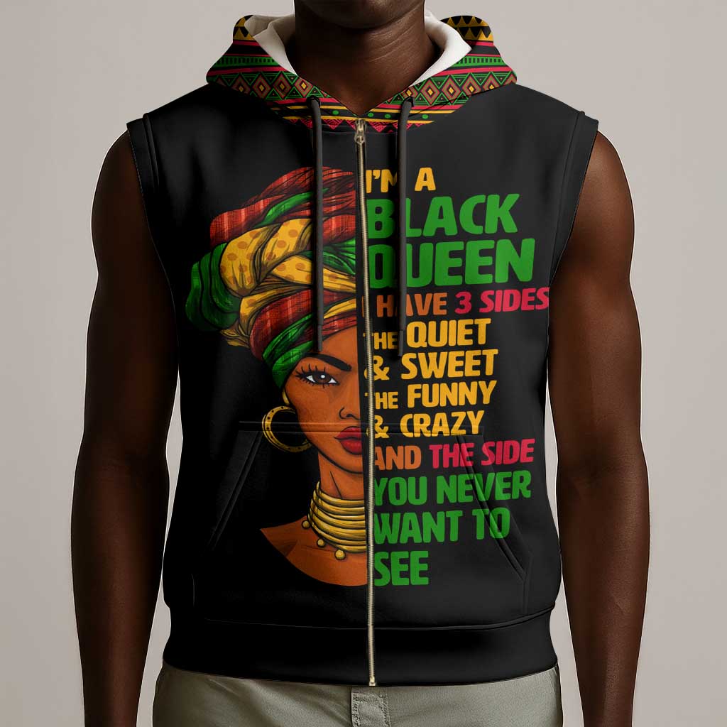 Three Sides Of Me Sleeveless Zip Hoodie African Women Black Queen - African Pride