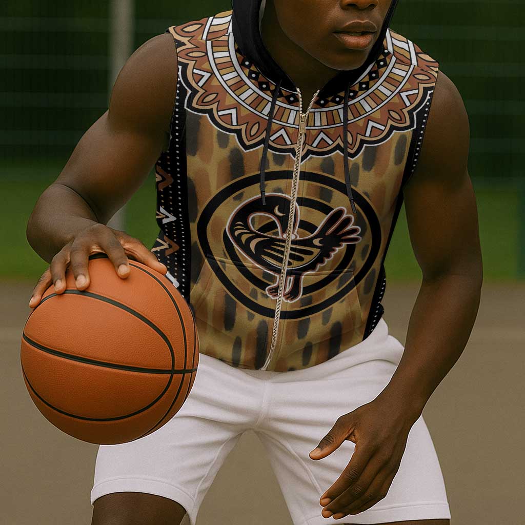 Printed Mud Cloth and Adinkra Symbol Sleeveless Zip Hoodie - African Pride