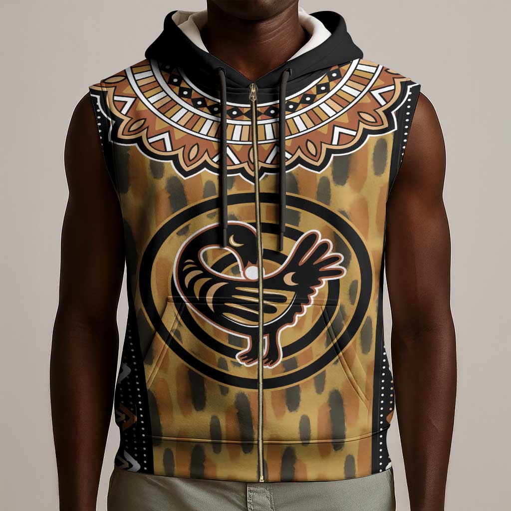 Printed Mud Cloth and Adinkra Symbol Sleeveless Zip Hoodie - African Pride