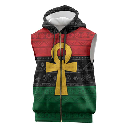 Pan African Ankh Sleeveless Zip Hoodie Egyptian Cross - African Pride