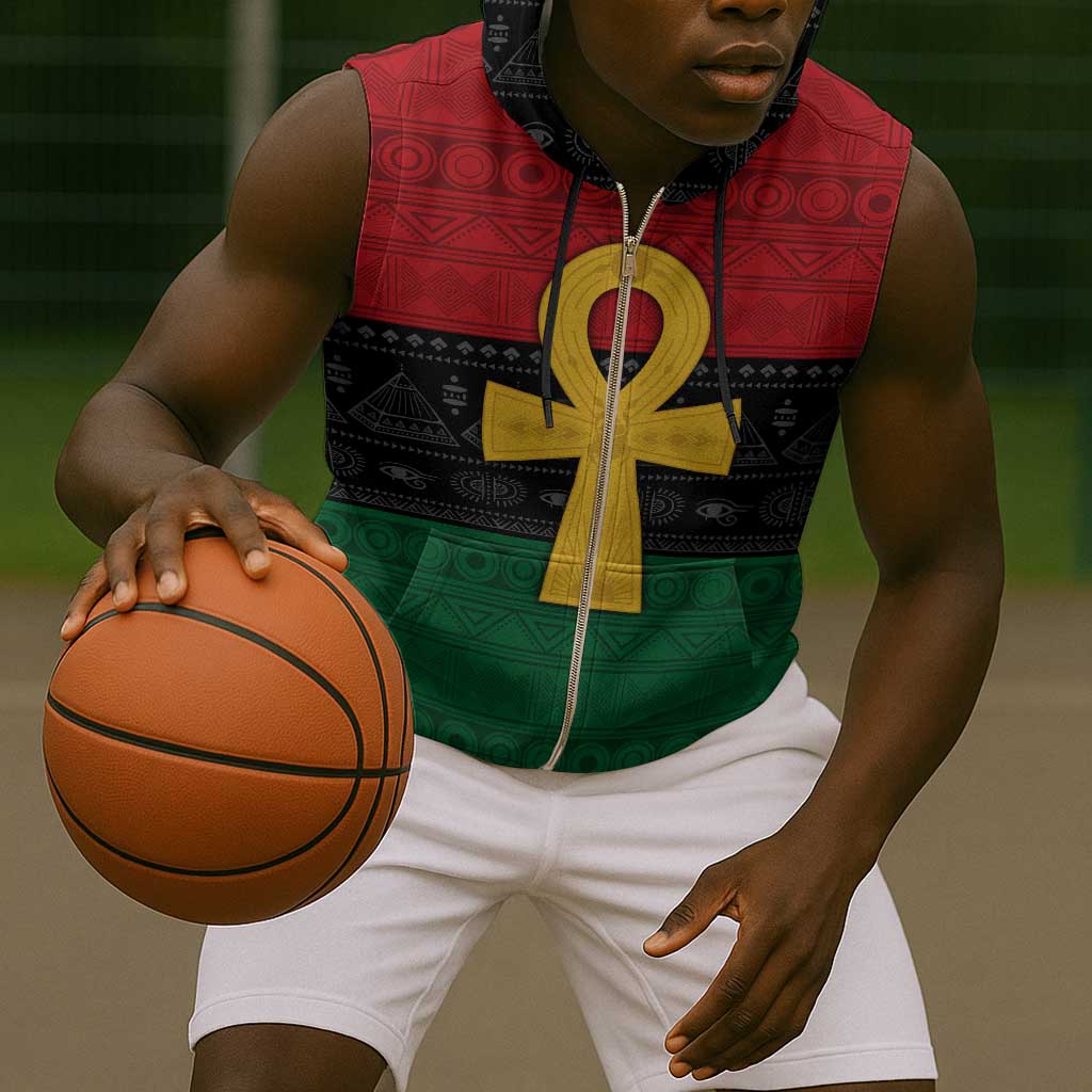 Pan African Ankh Sleeveless Zip Hoodie Egyptian Cross - African Pride