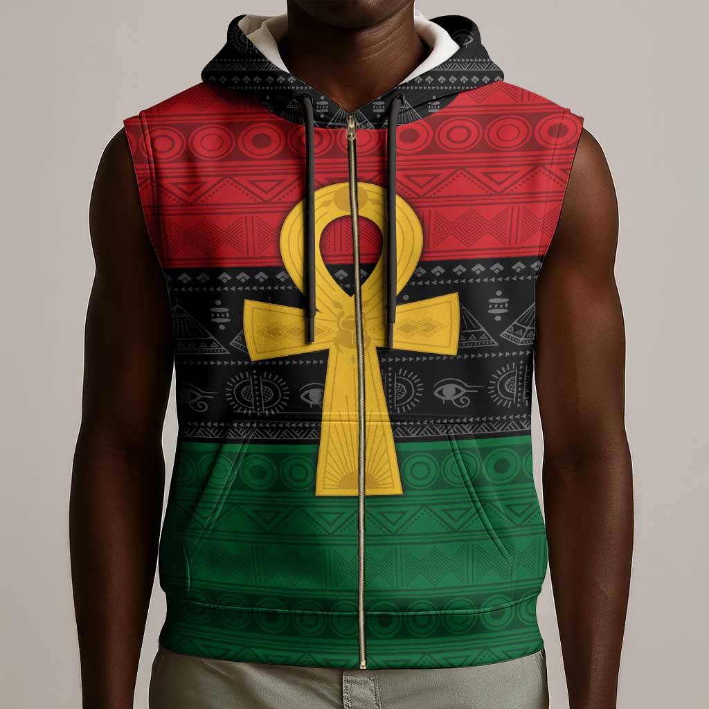 Pan African Ankh Sleeveless Zip Hoodie Egyptian Cross - African Pride