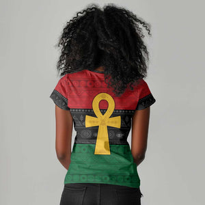 Pan African Ankh Women V-Neck T-Shirt Egyptian Cross