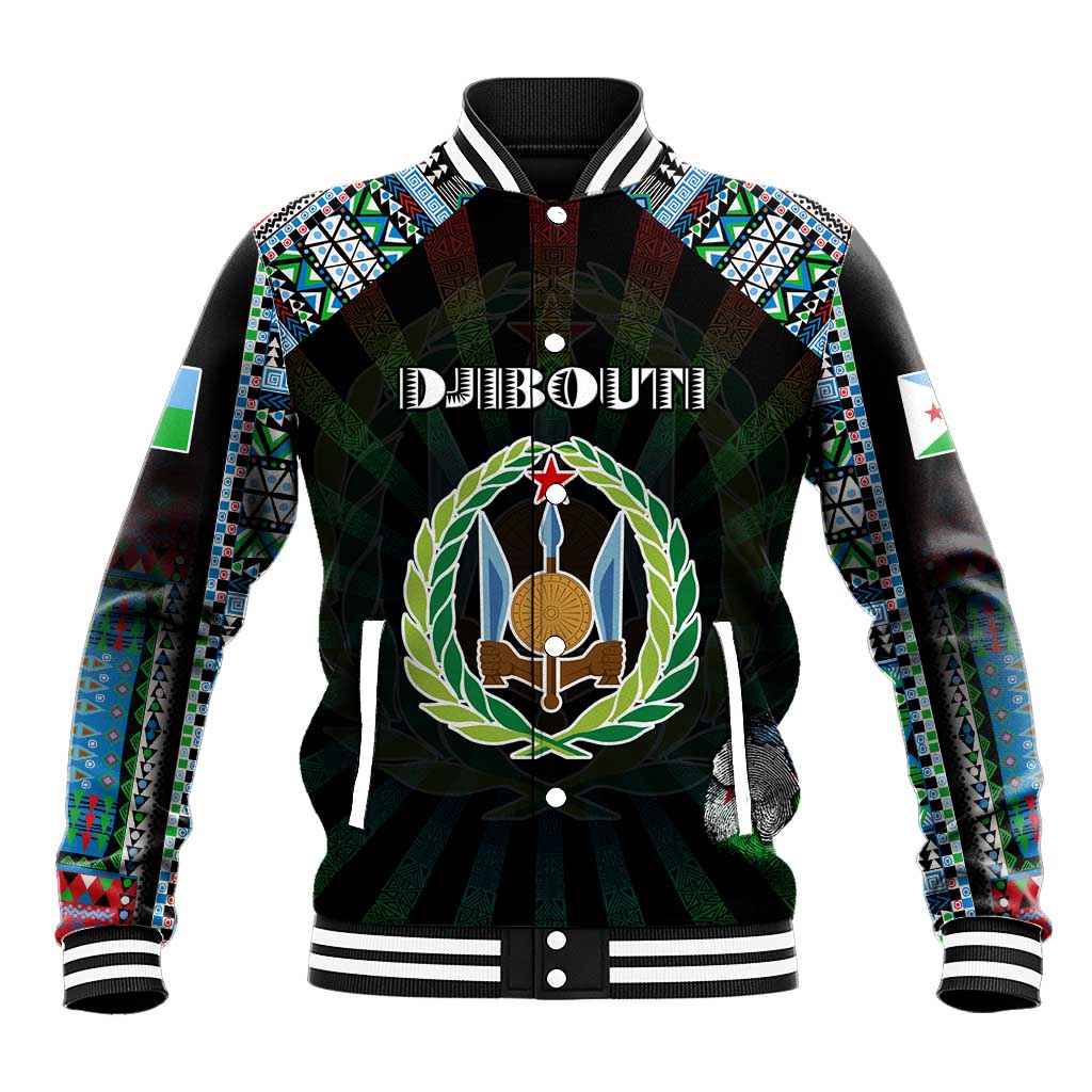 Personalized Djibouti Roots Baseball Jacket African Pride in Fingerprint and Tribal Colors