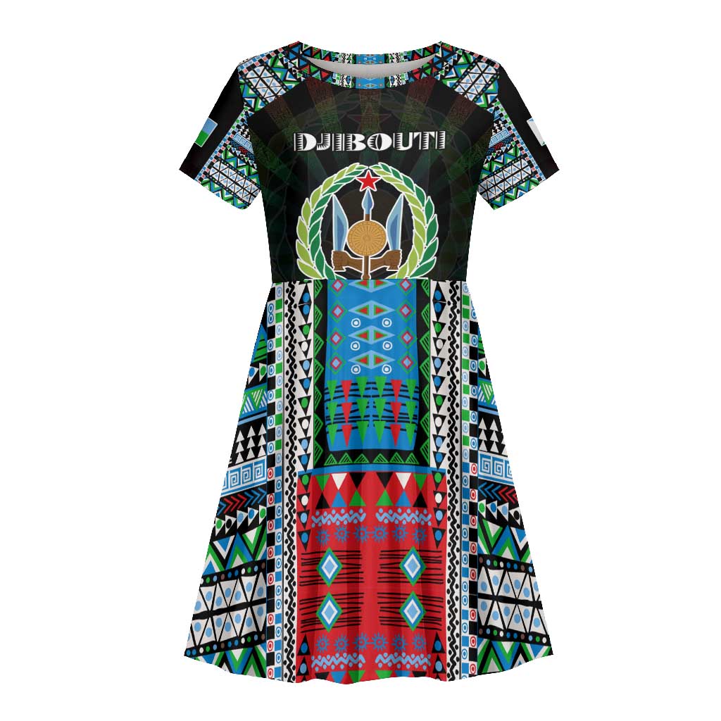 Personalized Djibouti Roots Kid Short Sleeve Dress African Pride in Fingerprint and Tribal Colors