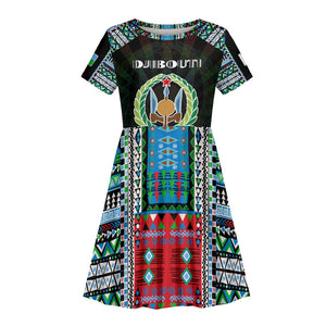 Personalized Djibouti Roots Kid Short Sleeve Dress African Pride in Fingerprint and Tribal Colors
