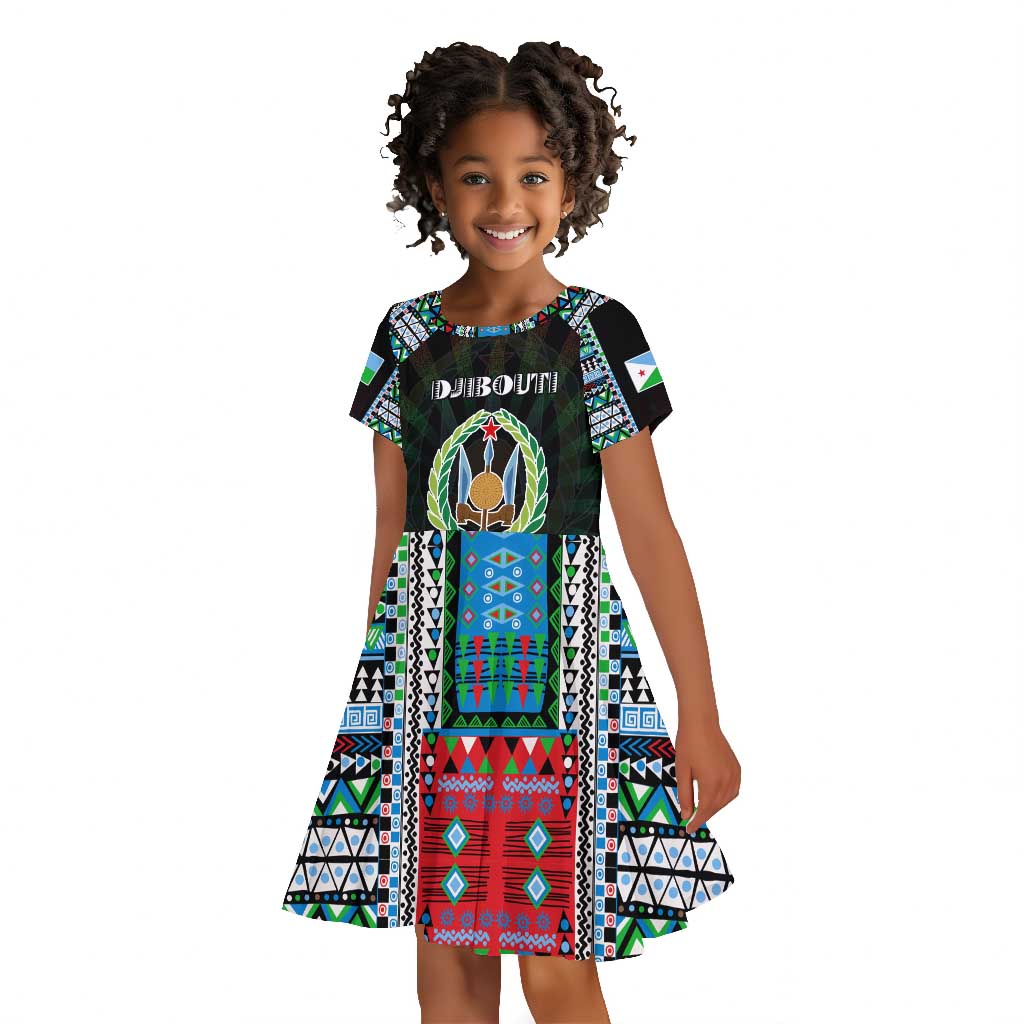 Personalized Djibouti Roots Kid Short Sleeve Dress African Pride in Fingerprint and Tribal Colors