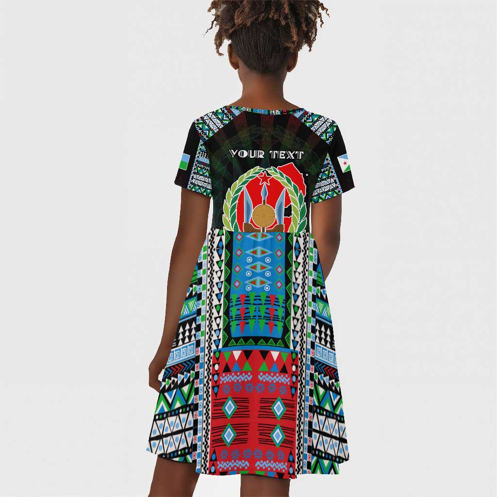 Personalized Djibouti Roots Kid Short Sleeve Dress African Pride in Fingerprint and Tribal Colors