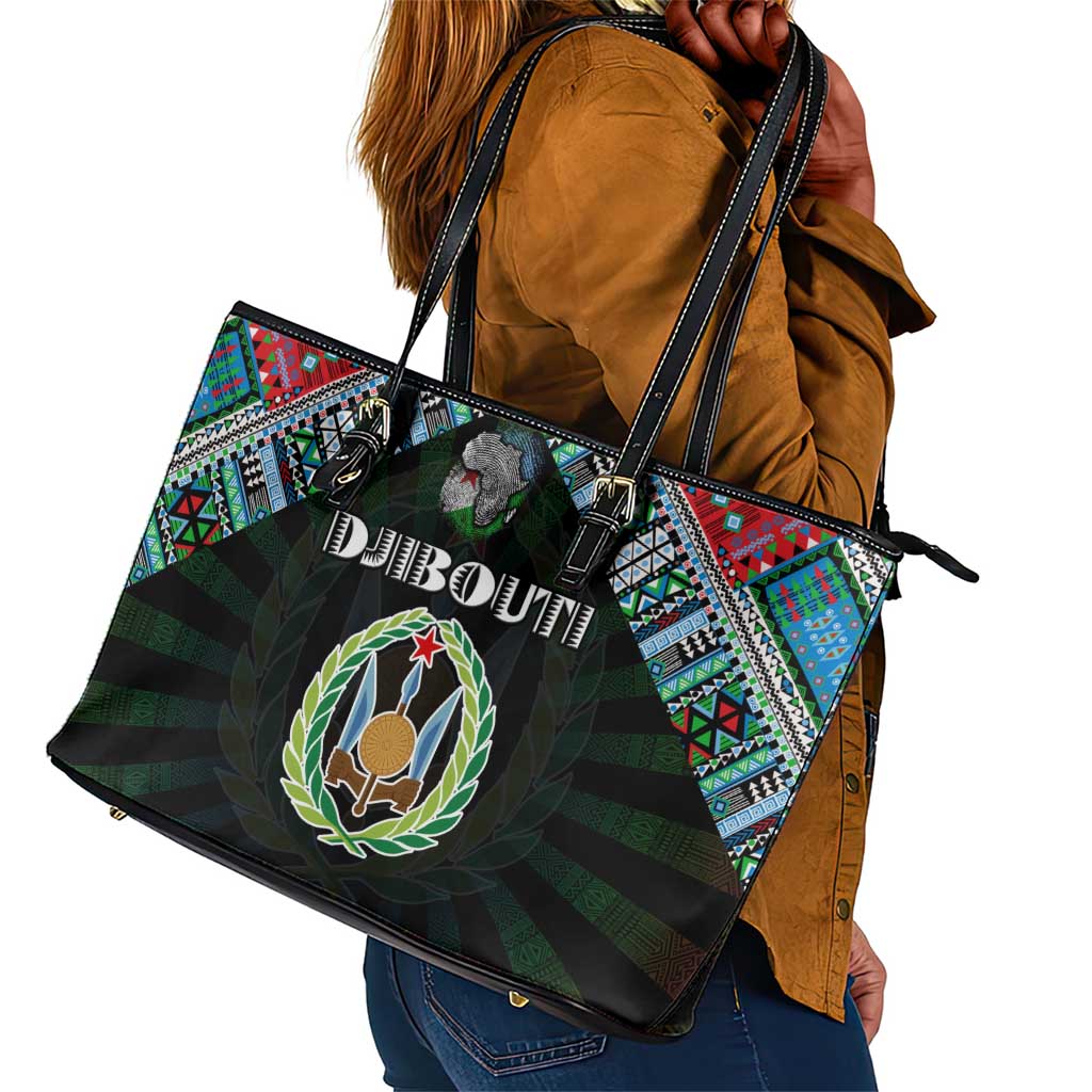 Djibouti Roots Leather Tote Bag African Pride in Fingerprint and Tribal Colors