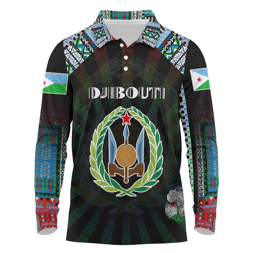 Personalized Djibouti Roots Long Sleeve Polo Shirt African Pride in Fingerprint and Tribal Colors
