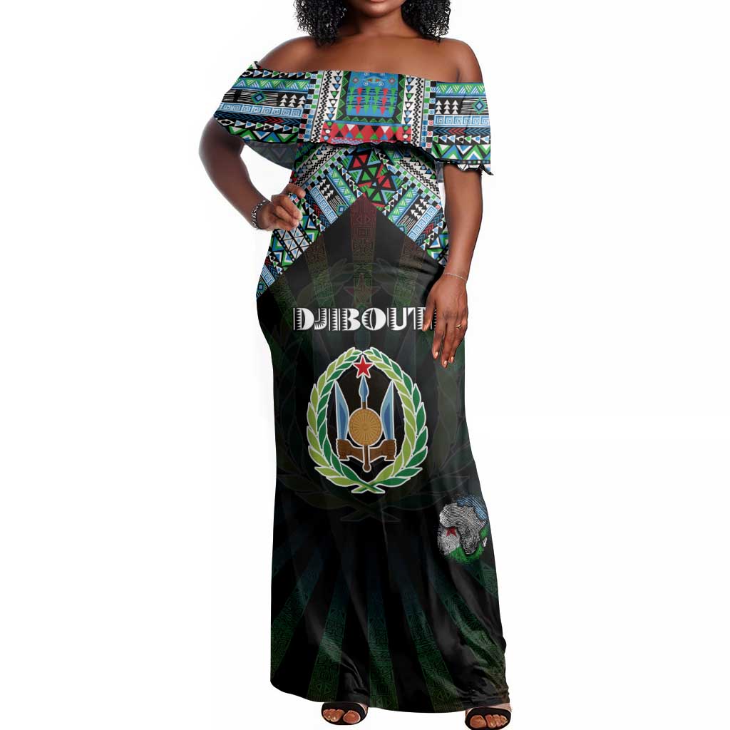 Personalized Djibouti Roots Off Shoulder Maxi Dress African Pride in Fingerprint and Tribal Colors