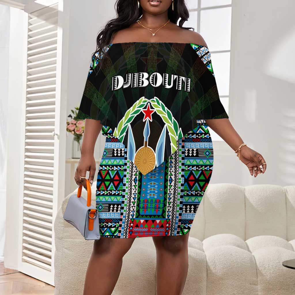 Personalized Djibouti Roots Off Shoulder Short Dress African Pride in Fingerprint and Tribal Colors