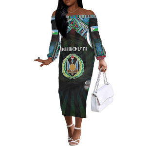 Personalized Djibouti Roots Off The Shoulder Long Sleeve Dress African Pride in Fingerprint and Tribal Colors