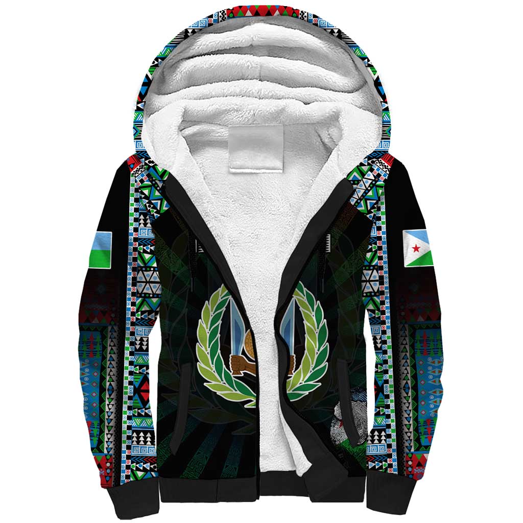 Personalized Djibouti Roots Sherpa Hoodie African Pride in Fingerprint and Tribal Colors