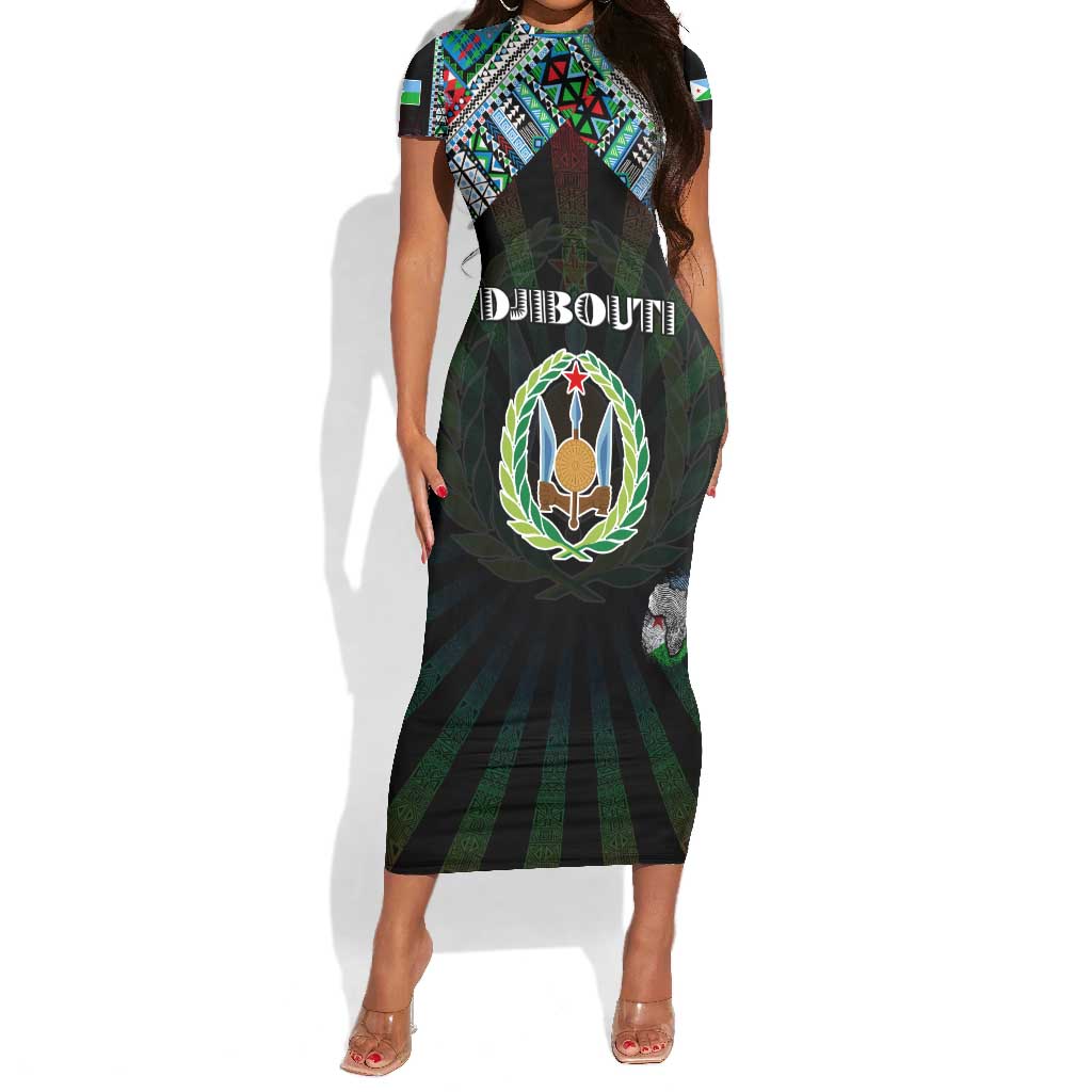 Personalized Djibouti Roots Short Sleeve Bodycon Dress African Pride in Fingerprint and Tribal Colors