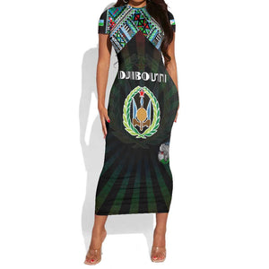Personalized Djibouti Roots Short Sleeve Bodycon Dress African Pride in Fingerprint and Tribal Colors