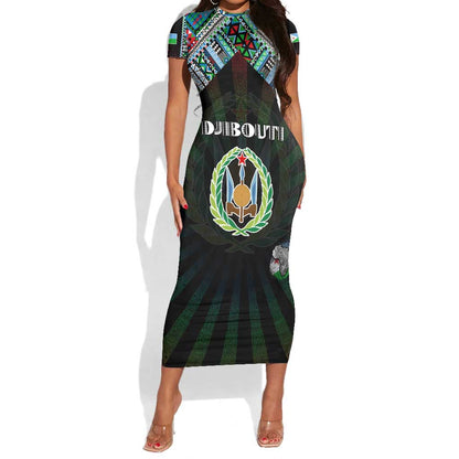 Personalized Djibouti Roots Short Sleeve Bodycon Dress African Pride in Fingerprint and Tribal Colors