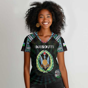 Personalized Djibouti Roots Women V-Neck T-Shirt African Pride in Fingerprint and Tribal Colors