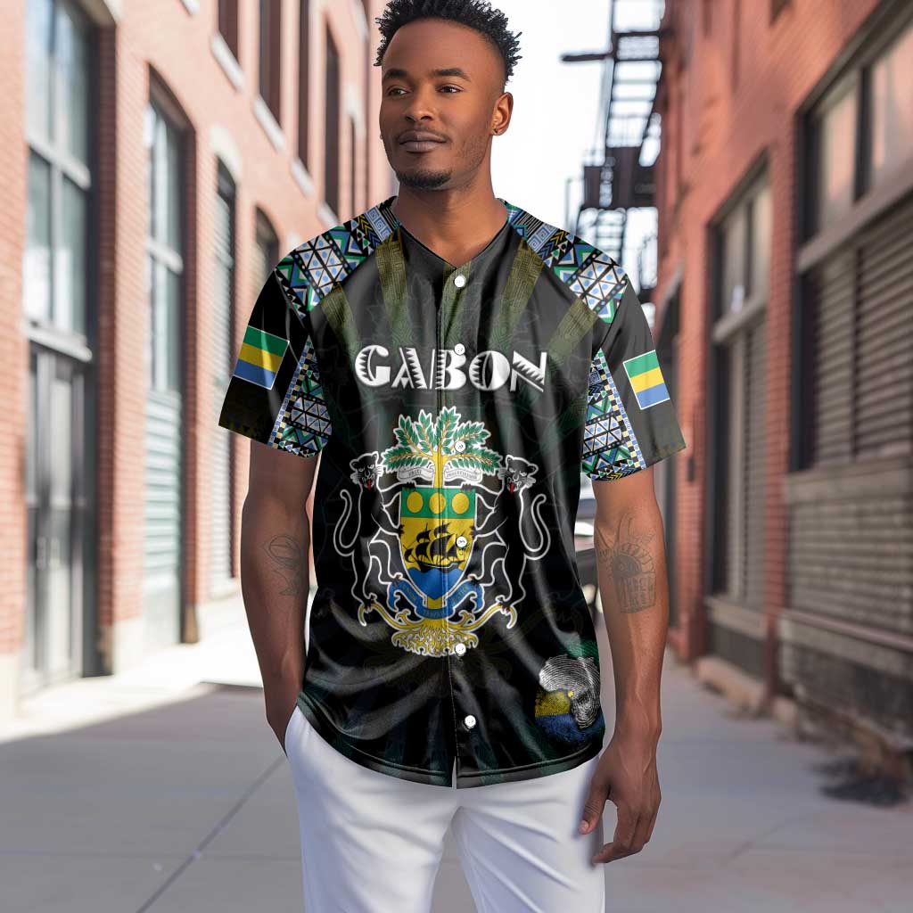 Personalized Gabon Roots Baseball Jersey African Pride in Fingerprint and Tribal Colors