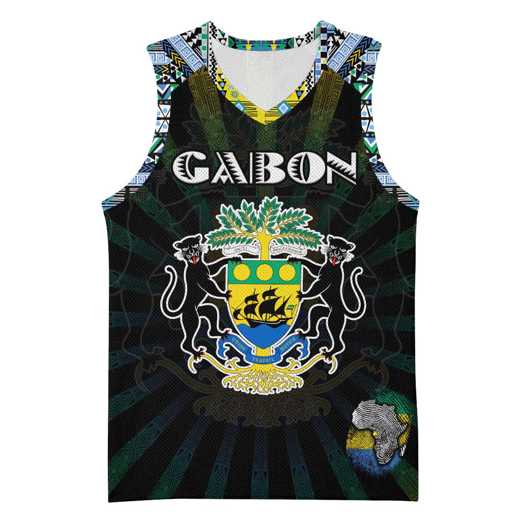 Personalized Gabon Roots Basketball Jersey African Pride in Fingerprint and Tribal Colors - African Pride