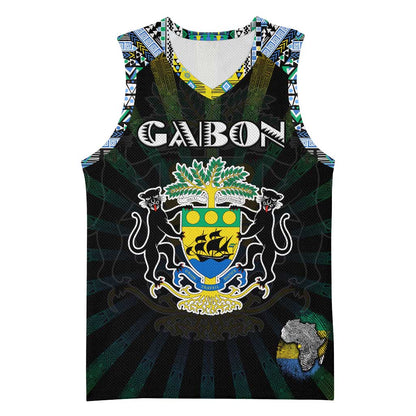 Personalized Gabon Roots Basketball Jersey African Pride in Fingerprint and Tribal Colors - African Pride