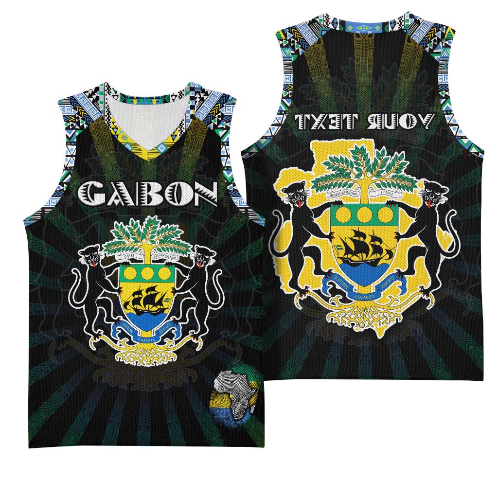 Personalized Gabon Roots Basketball Jersey African Pride in Fingerprint and Tribal Colors - African Pride