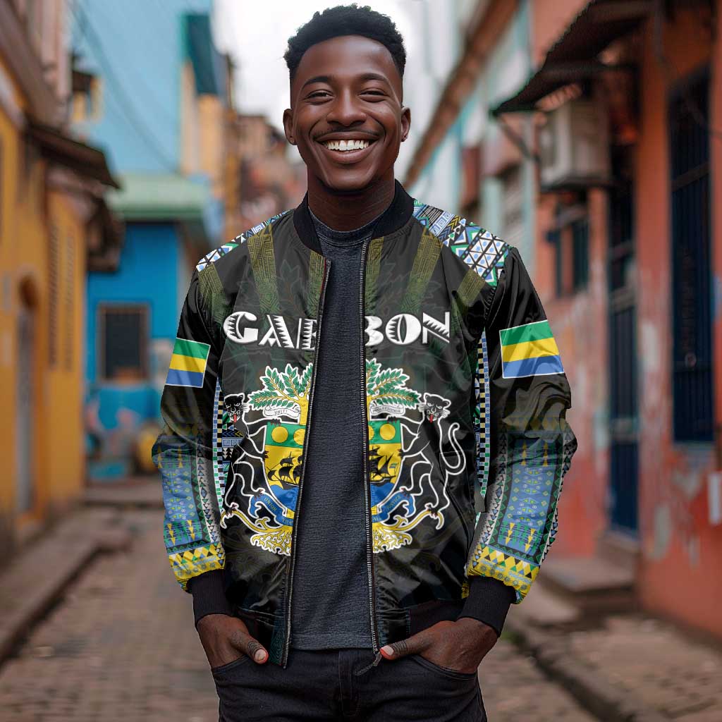 Personalized Gabon Roots Bomber Jacket African Pride in Fingerprint and Tribal Colors