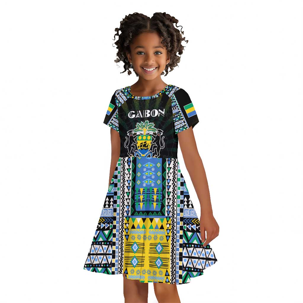 Personalized Gabon Roots Kid Short Sleeve Dress African Pride in Fingerprint and Tribal Colors