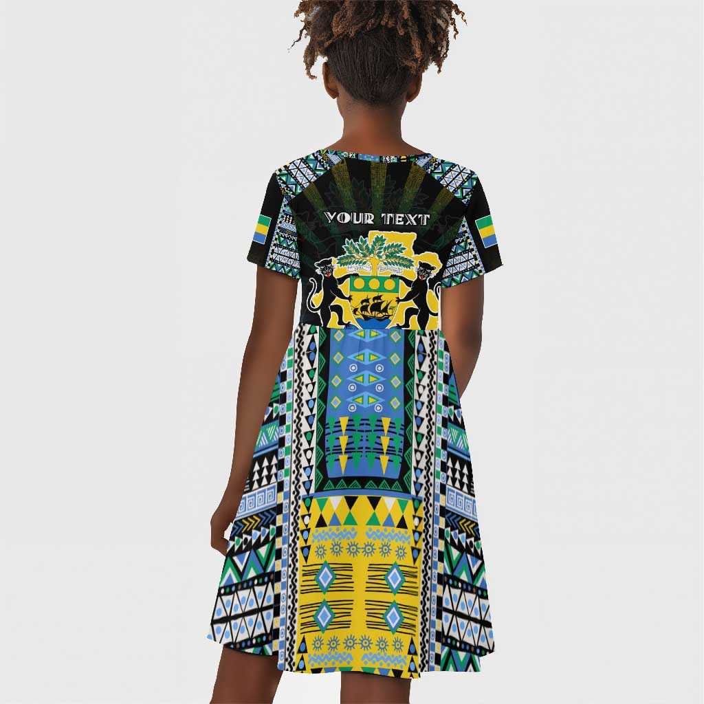 Personalized Gabon Roots Kid Short Sleeve Dress African Pride in Fingerprint and Tribal Colors