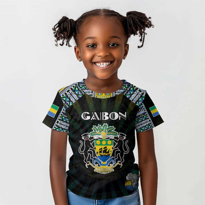 Personalized Gabon Roots Kid T shirt African Pride in Fingerprint and Tribal Colors