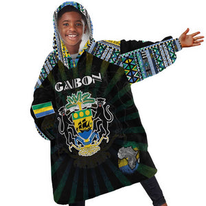 Personalized Gabon Roots Kid Wearable Blanket Hoodie African Pride in Fingerprint and Tribal Colors