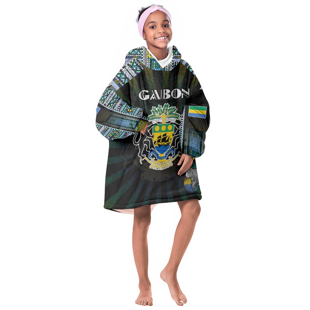 Personalized Gabon Roots Kid Wearable Blanket Hoodie African Pride in Fingerprint and Tribal Colors